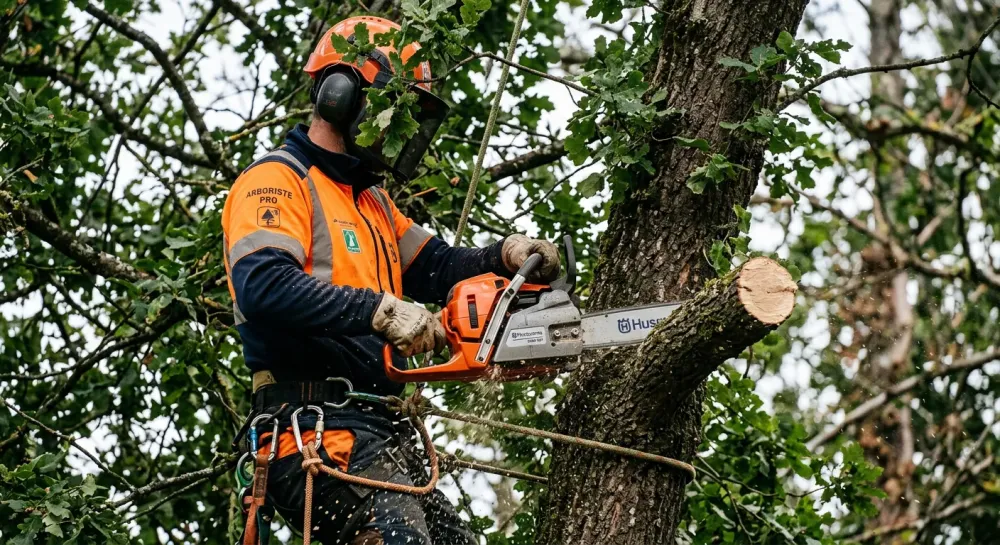 Un jardinier professionnel élaguant et abattant un arbre